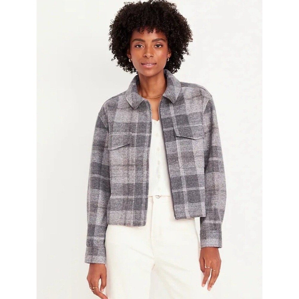 Old Navy Women's Gray Plaid Zip Up Cropped Shacket Size XL